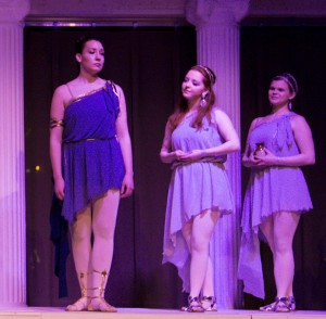 Kathryn Solomon as Queen Dido, with Kelly Singer and Heather McPherson as her attendants