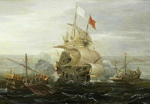 Painting of a ship being attacked by pirates