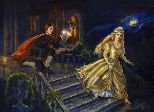 An illustration of Cinderella fleeing the ball at midnight, pursued by Prince Charming