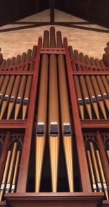 A closeup of the organ pipes at First Presbyterian Church in Little Rock