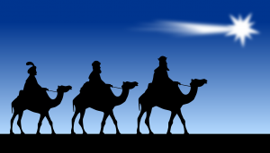 Three kings riding camels follow a bright star against a dark blue sky