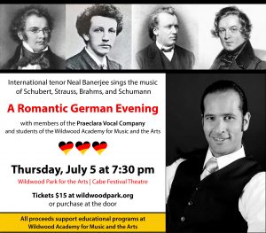 Pictures of composers Schubert, Strauss, Brahms, and Schumann above a black and white photo of tenor Neal Banerjee