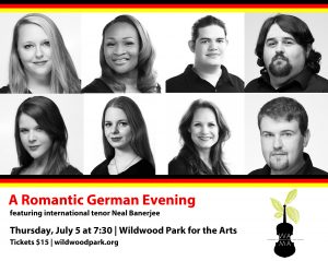 Photos of Melanie Hanna, Satia Spencer, Luke Angelo, Ethan Ezell, Shea Williamson, Elizabeth Riddick, Kira Keating, and Kevin Ezell, who are performing in the Romantic German Evening concert on July 5 with Neal Banerjee