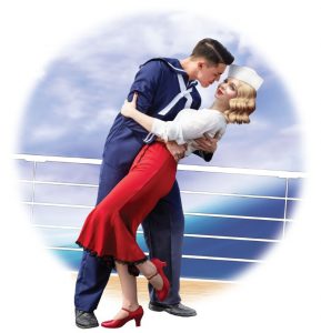 An illustration of a 1940s era Ralph Rackstraw and Josephine Corcoran embracing on the deck of a British warship