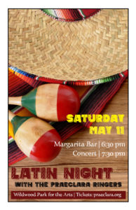Poster for Latin Night with the Praeclara Ringers, featuring a photo of a sombrero with red and green painted maracas